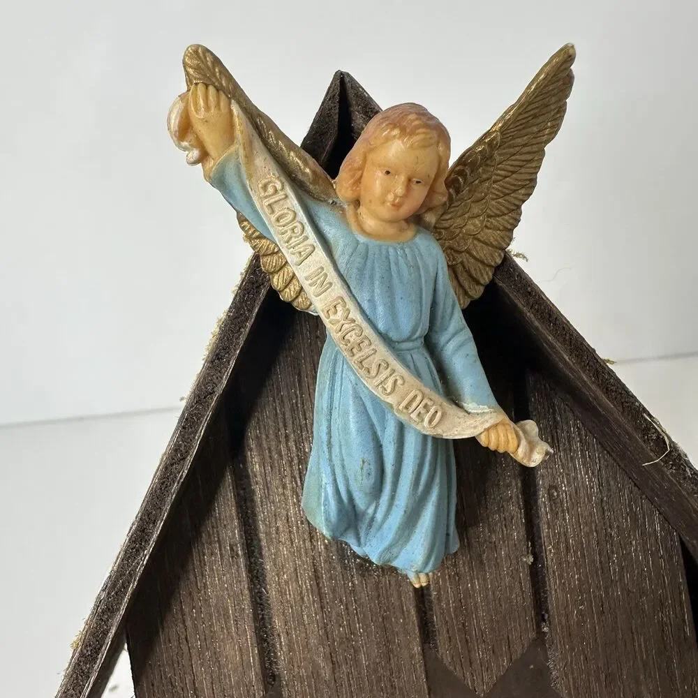 Vtg Wooden Nativity Manger Creche Plastic Fixed Figures Jesus‎ Angel Mary Joseph